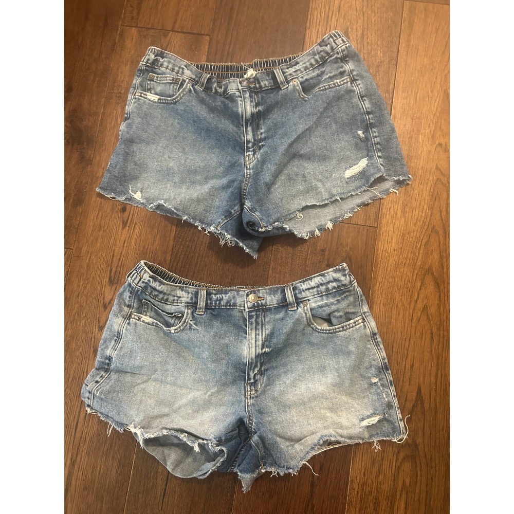 Aerie Women Light Wash Distressed Denim Shorts Elastic Waist Cut Off Size Large
